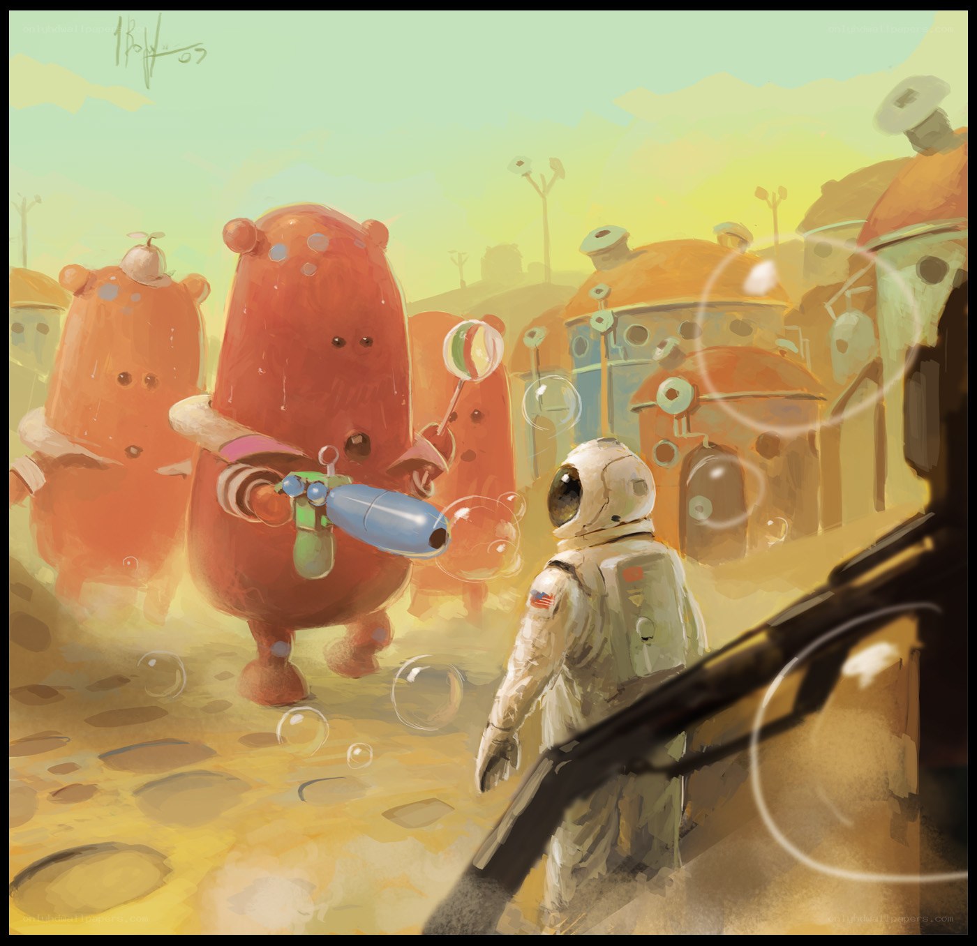 Astronaut meets alien creatures