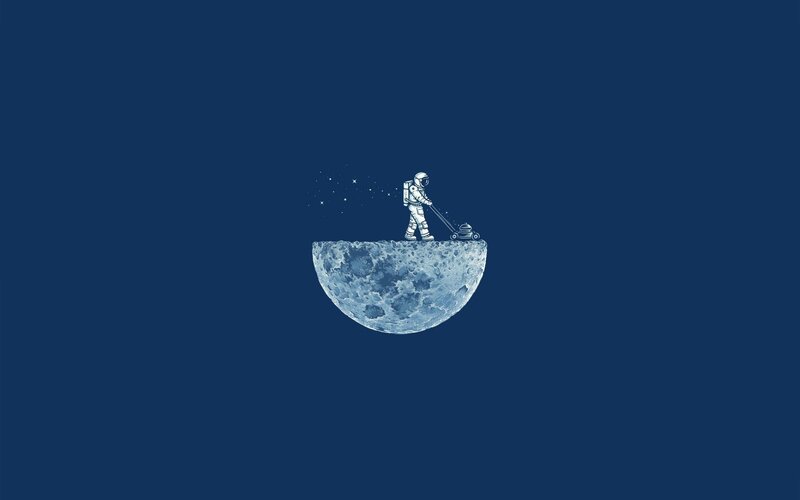 Astronaut Mowing Moon — Blue, Serene, Night, Illustration