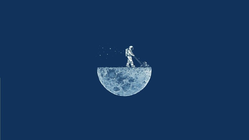 Astronaut Mowing Moon — Blue, Serene