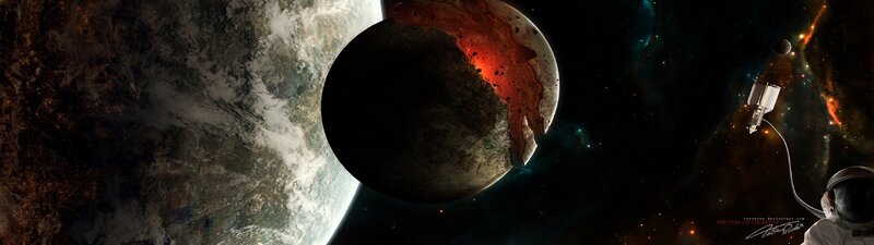 Astronaut near a shattered planet