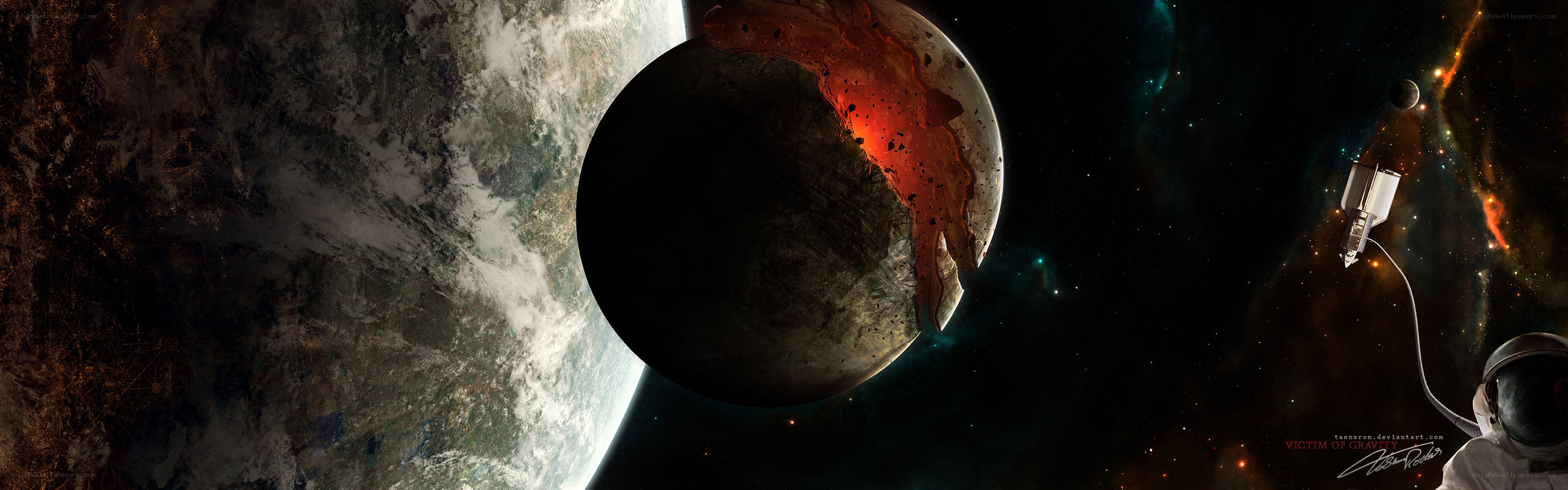 Astronaut near a shattered planet