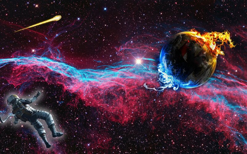 Astronaut Near Burning Planet