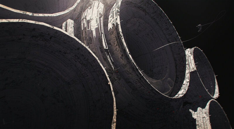 Astronaut Near Space Station — Black, Dramatic