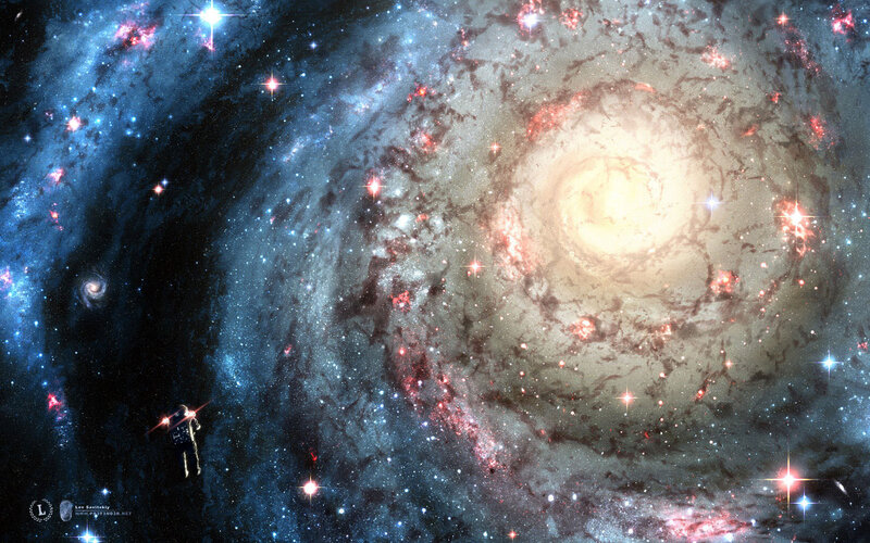 Astronaut near spiral galaxy