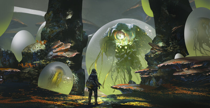 Astronaut Observing Alien Creature