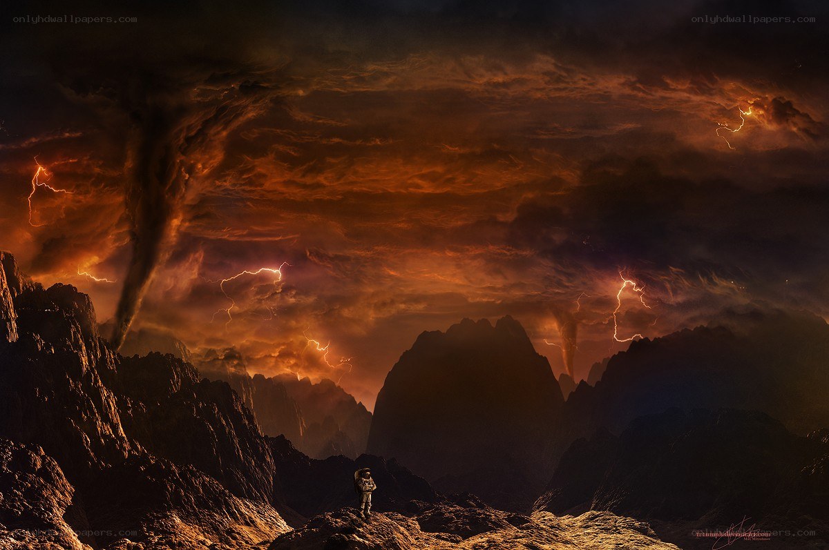 Astronaut on a stormy alien planet