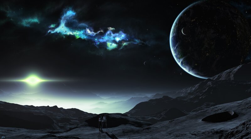 Astronaut on Alien Planet — Black, Dramatic, Night, Digital Art, Nebula, Mountains, Blue