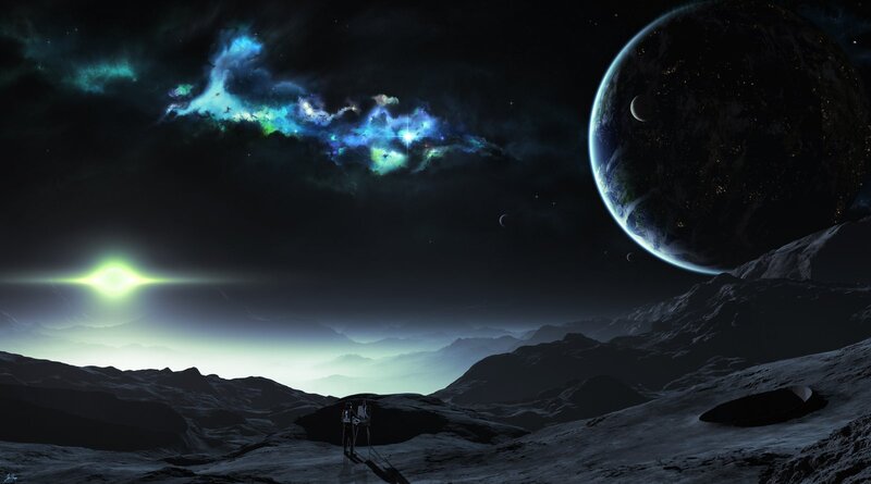 Astronaut on Alien Planet — Black, Dramatic, Night, Digital Art, Nebula, Mountains