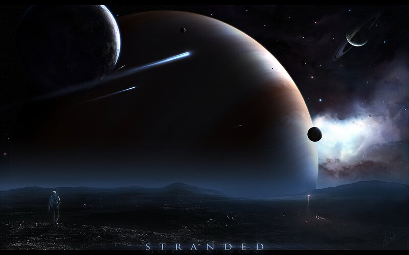 Astronaut on Alien Planet — Black, Dramatic, Night, Digital Art, Planets, Stars