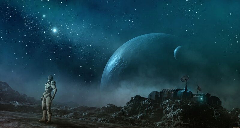 Astronaut on Alien Planet — Blue, Dramatic, Night, Digital Art, Moon, Space Station