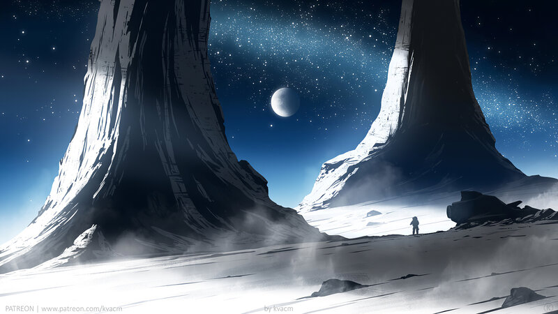 Astronaut on Alien Planet — Blue, Dramatic, Night, Digital Art, Mountains