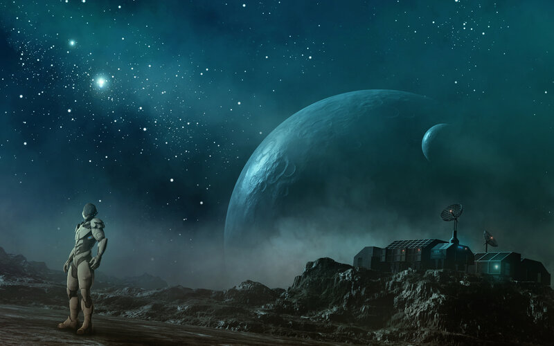 Astronaut on Alien Planet — Blue, Dramatic, Night, Digital Art, Space Station