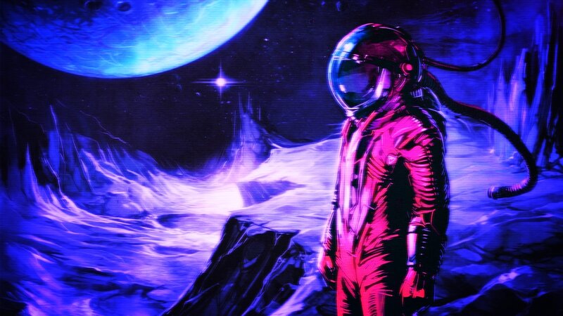 Astronaut on Alien Planet — Blue, Dramatic, Night, Digital Art, Star