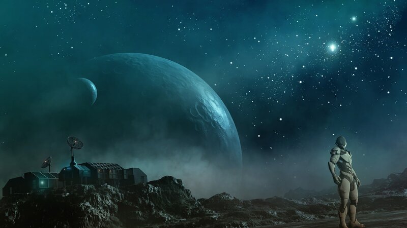 Astronaut on Alien Planet — Blue, Dramatic, Night, Digital Art