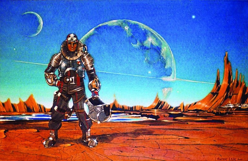 Astronaut on Alien Planet — Blue, Dramatic, Night, Illustration