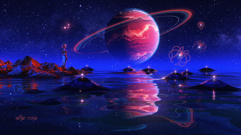 Astronaut on Alien Planet — Blue, Serene, Night, Digital Art, Planet with Rings