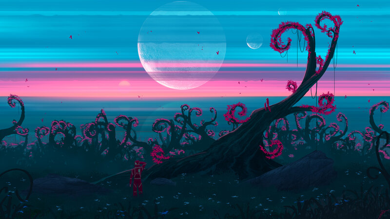Astronaut on Alien Planet — Blue, Serene, Sunset