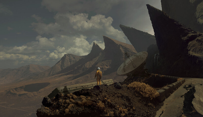 Astronaut on Alien Planet — Brown, Dramatic, 3d Render, Satellite Dish