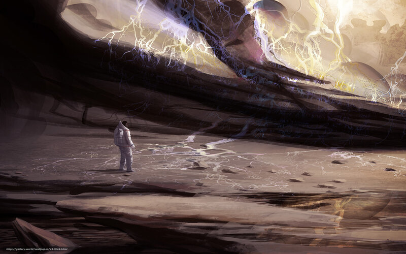 Astronaut on Alien Planet — Brown, Dramatic, Digital Art, Lightning