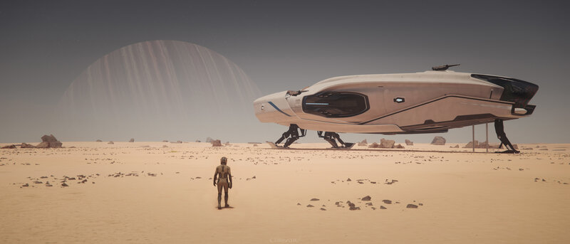 Astronaut on Alien Planet — Brown, Dramatic, Digital Art, Spaceship