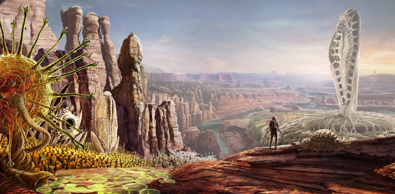 Astronaut on Alien Planet — Brown, Dramatic, Sunset, Digital Art, Alien Plants