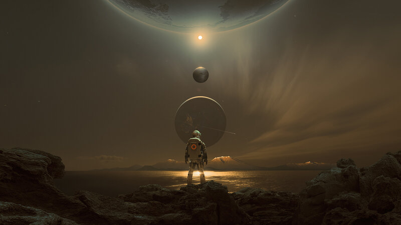 Astronaut on Alien Planet — Brown, Dramatic, Sunset, Digital Art