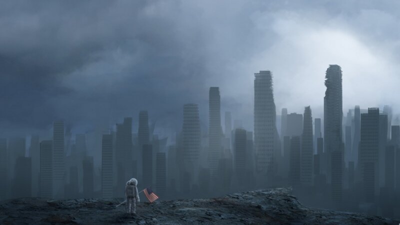 Astronaut on Alien Planet — Gray, Dramatic, Digital Art, Flag