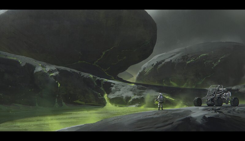 Astronaut on Alien Planet — Gray, Dramatic, Digital Art, Rocks