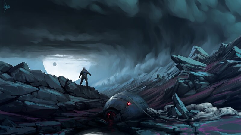 Astronaut on Alien Planet — Gray, Dramatic, Night