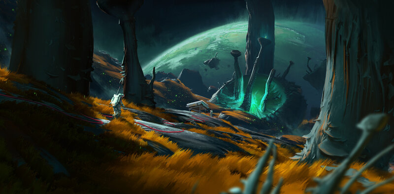 Astronaut on Alien Planet — Green, Dramatic, Night