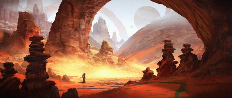 Astronaut on Alien Planet — Orange, Dramatic, Sunset