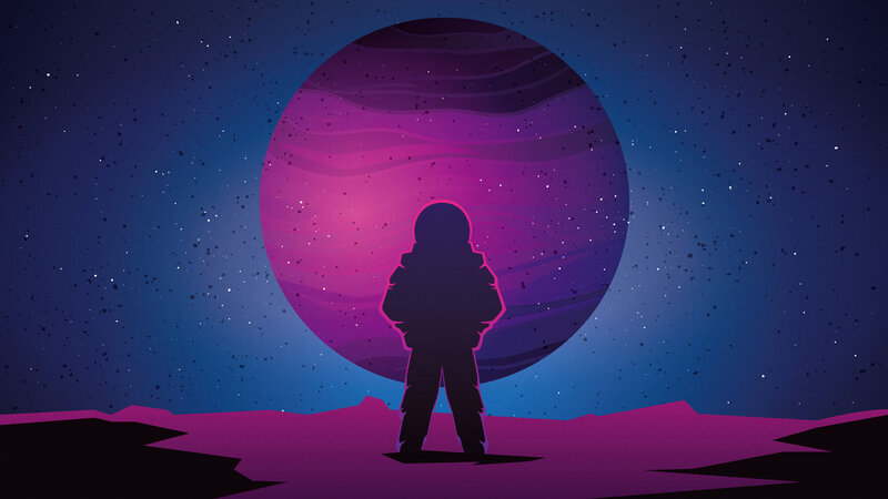 Astronaut on Alien Planet — Purple, Serene, Night