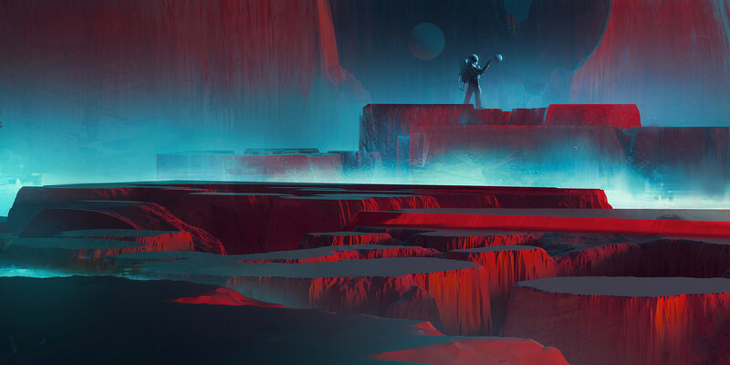 Astronaut on Alien Planet — Red, Dramatic, Night, Digital Art, Rock Formations