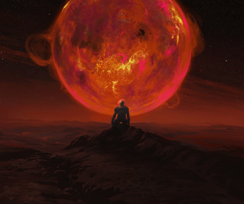 Astronaut on Alien Planet — Red, Dramatic, Night, Digital Art, Sun