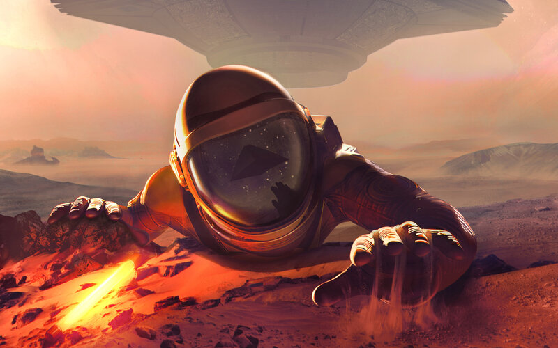 Astronaut on Alien Planet — Red, Dramatic, Sunset
