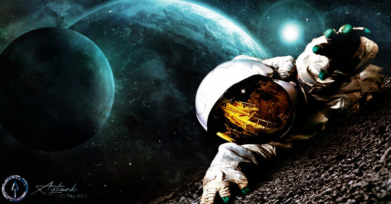 Astronaut on Alien Surface — Black, Dramatic, Night, Digital Art