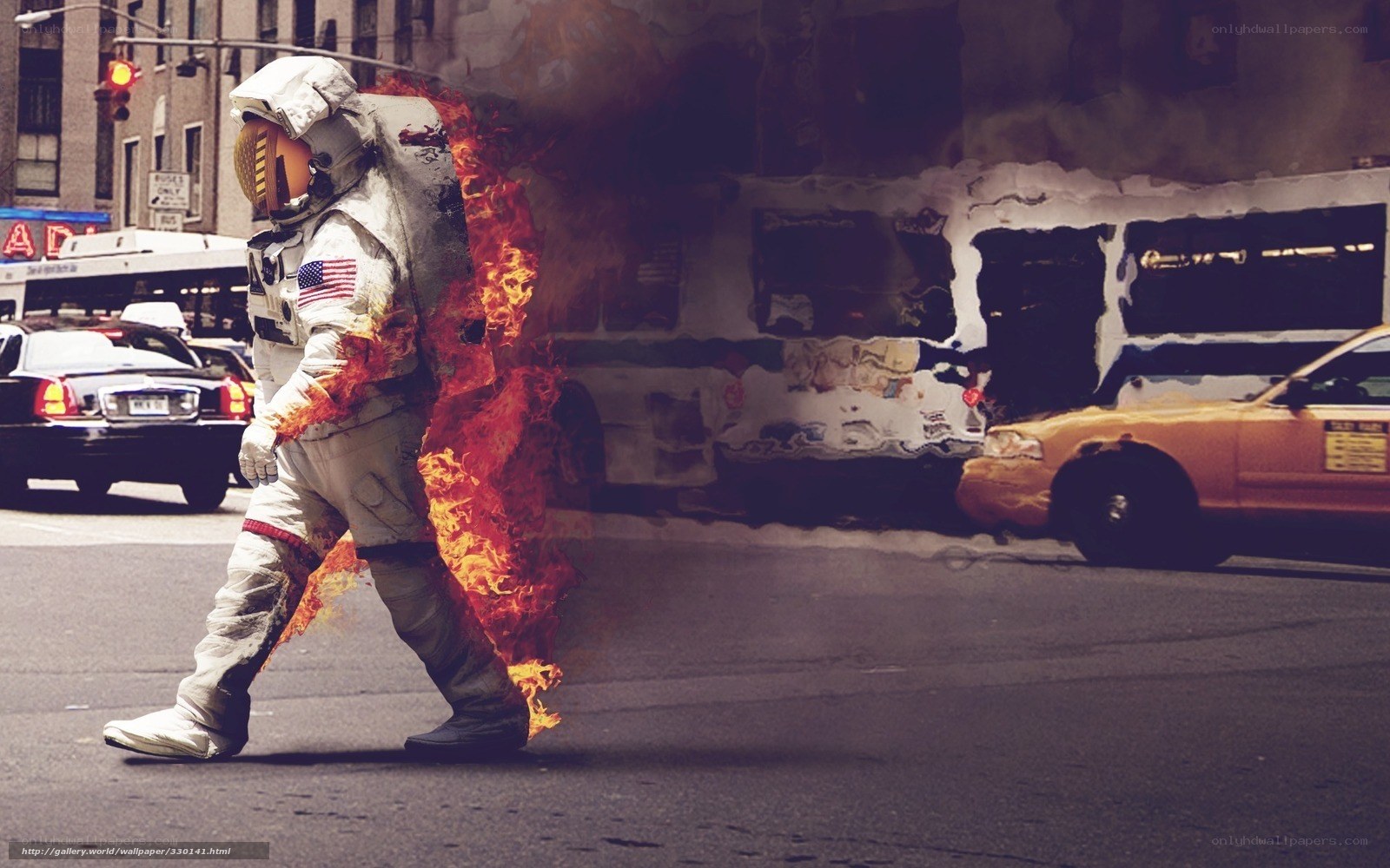 astronaut on fire in city