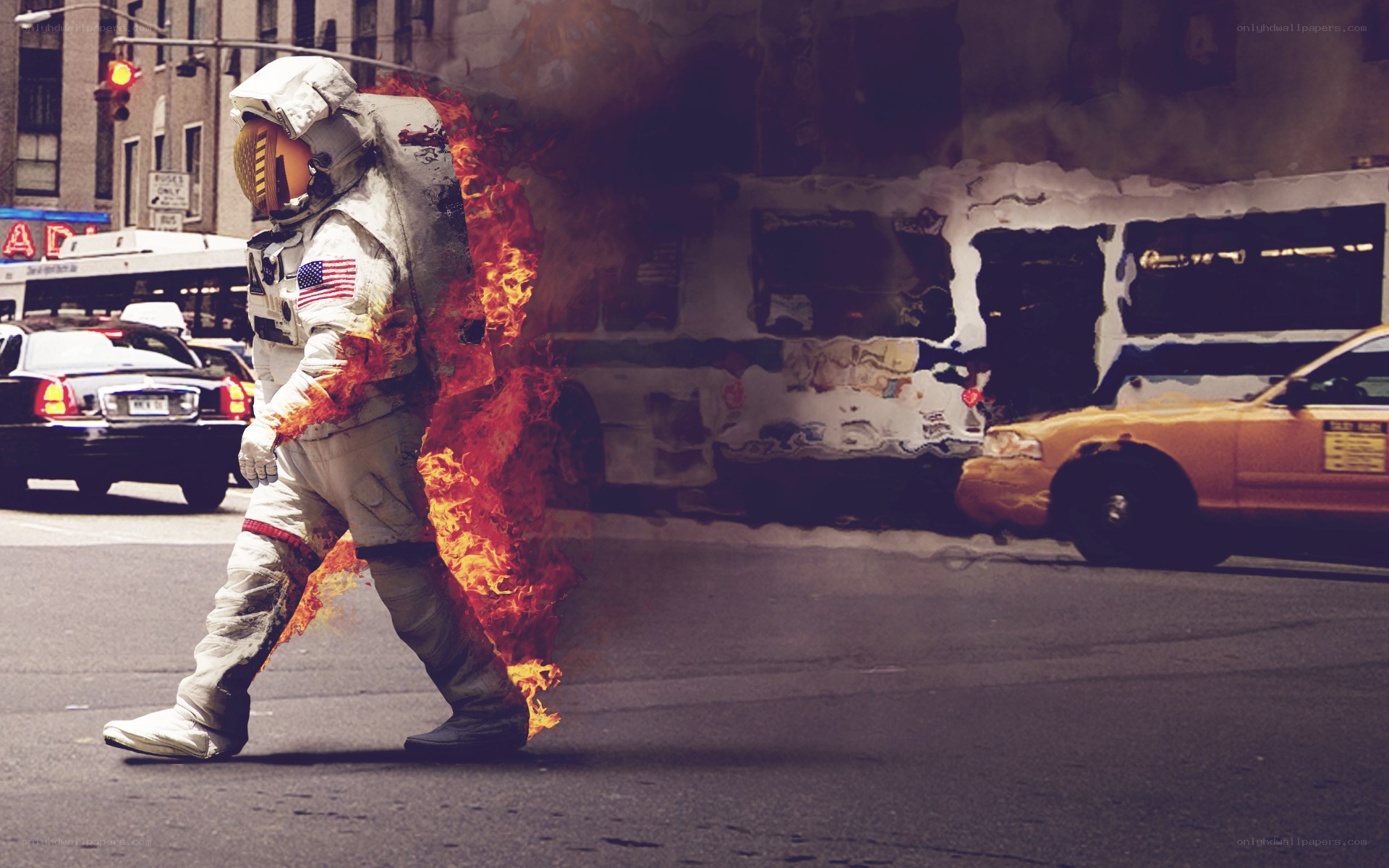 astronaut on fire in city