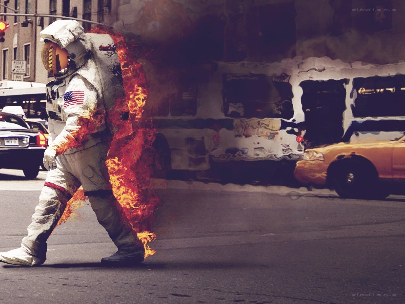 astronaut on fire in city