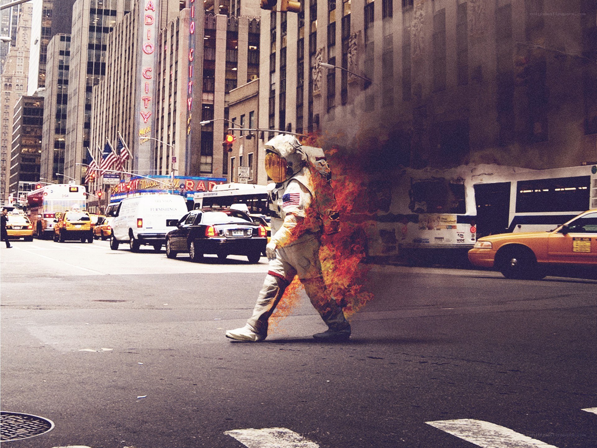 Astronaut on fire in city