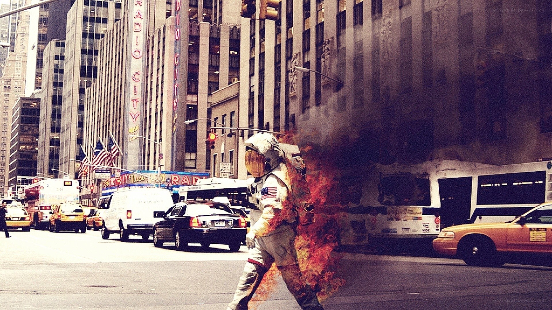 astronaut on fire in city