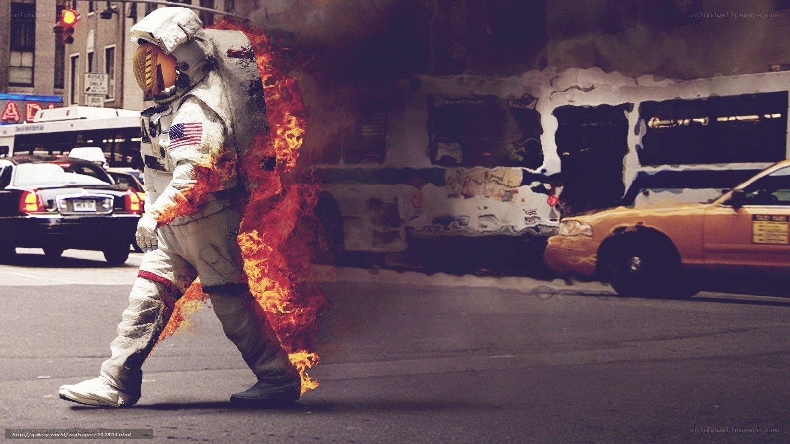 astronaut on fire in city
