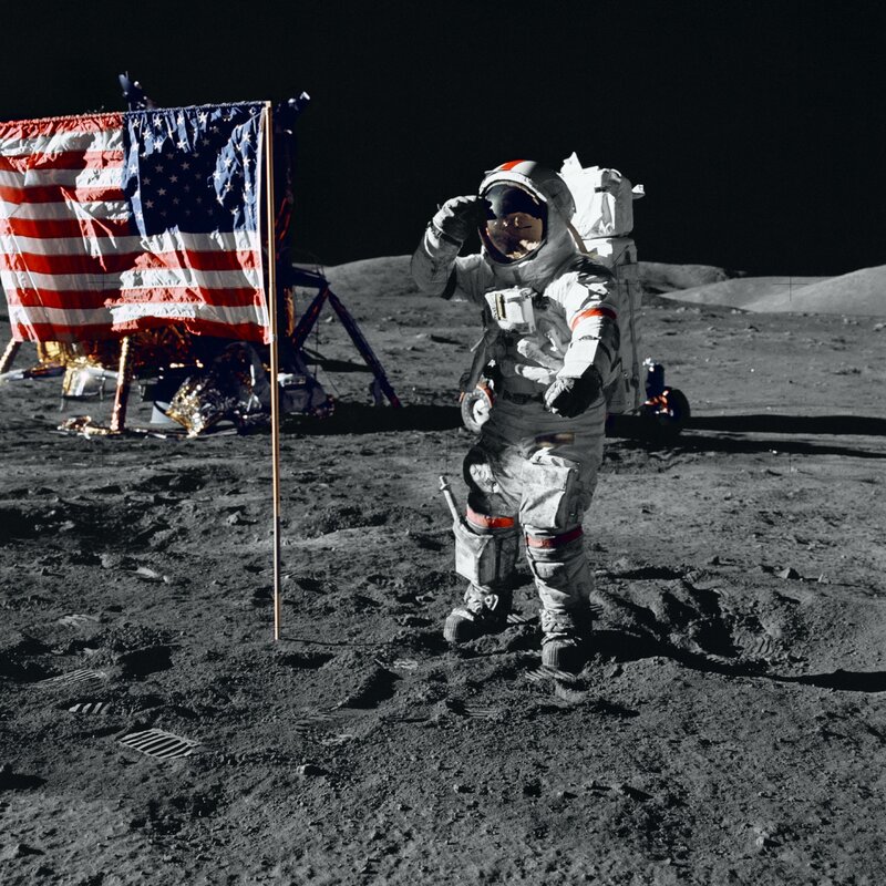 Astronaut on Moon — Gray, Dramatic, Night, Photograph, American Flag, Lunar Module