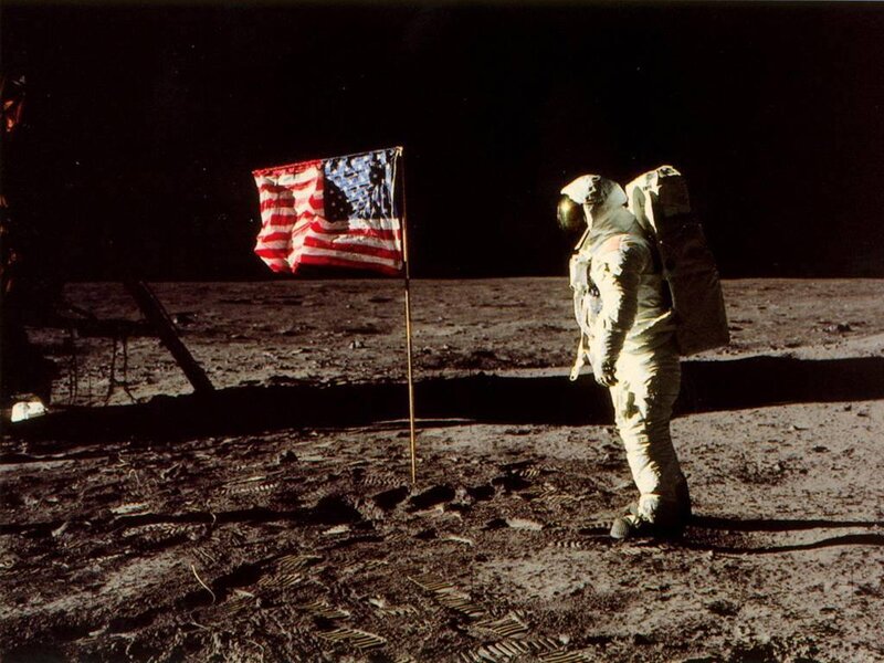 Astronaut on Moon — Gray, Dramatic, Night, Photograph, American Flag, Moon Surface, Space Suit