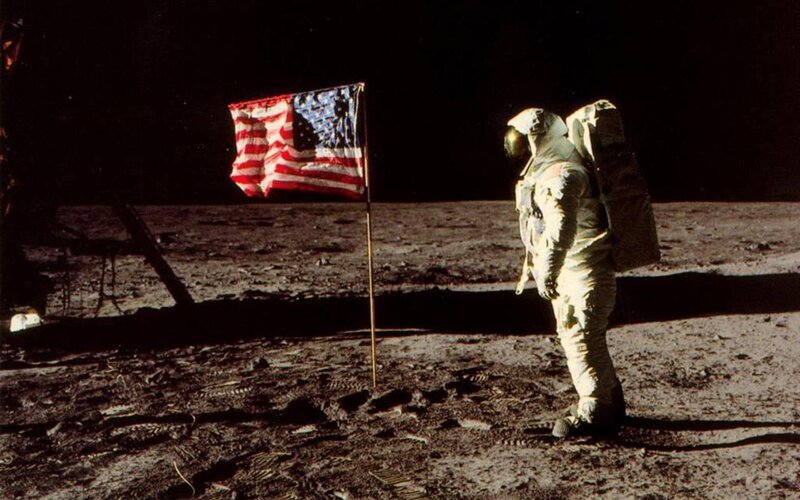 Astronaut on Moon — Gray, Dramatic, Night, Photograph, American Flag