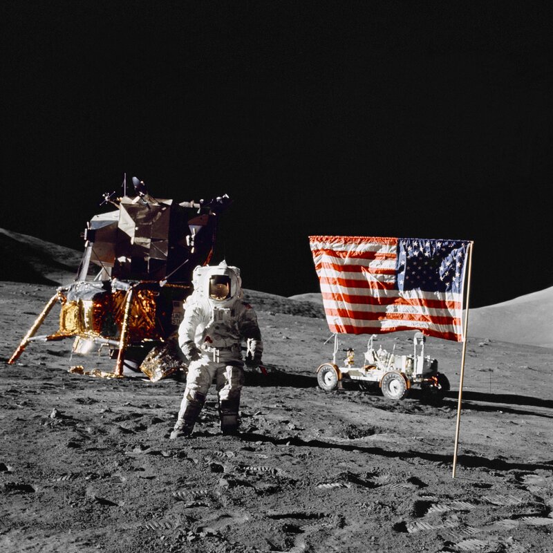 Astronaut on Moon — Gray, Dramatic, Night, Photograph, Flag, Lander
