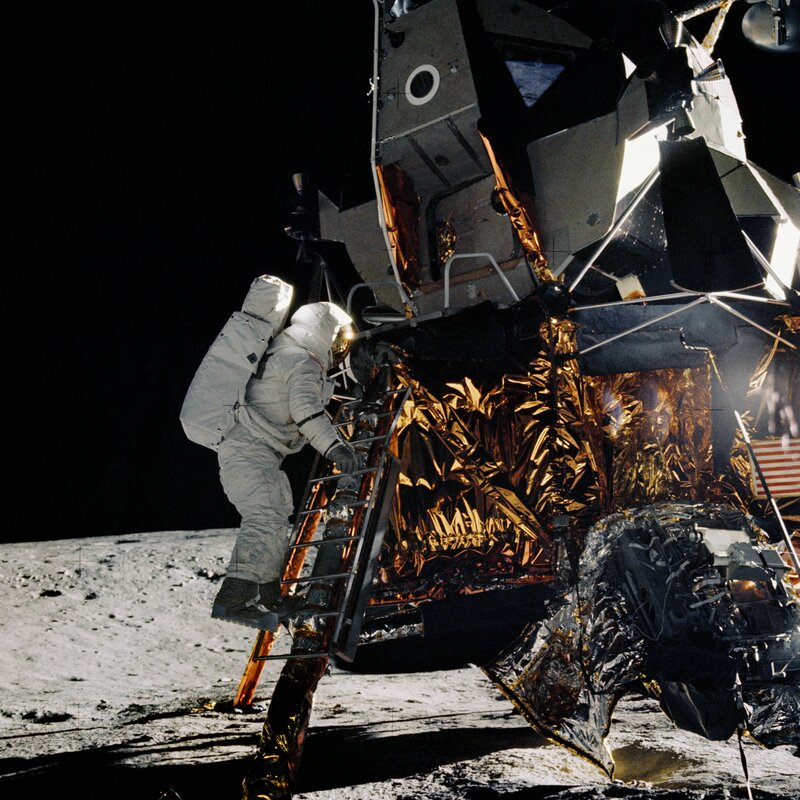 Astronaut on Moon — Gray, Dramatic, Night, Photograph, Lunar Module