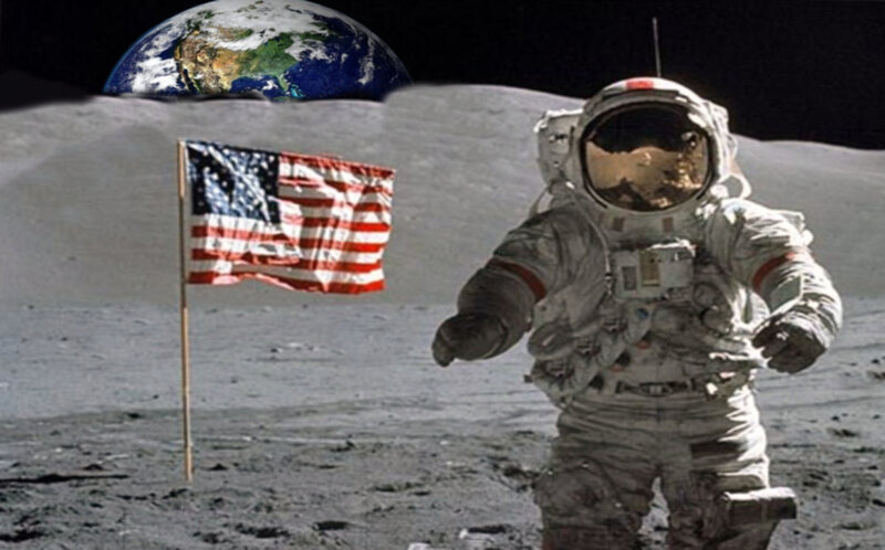 Astronaut on Moon — Gray, Dramatic, Photograph, American Flag, Earth