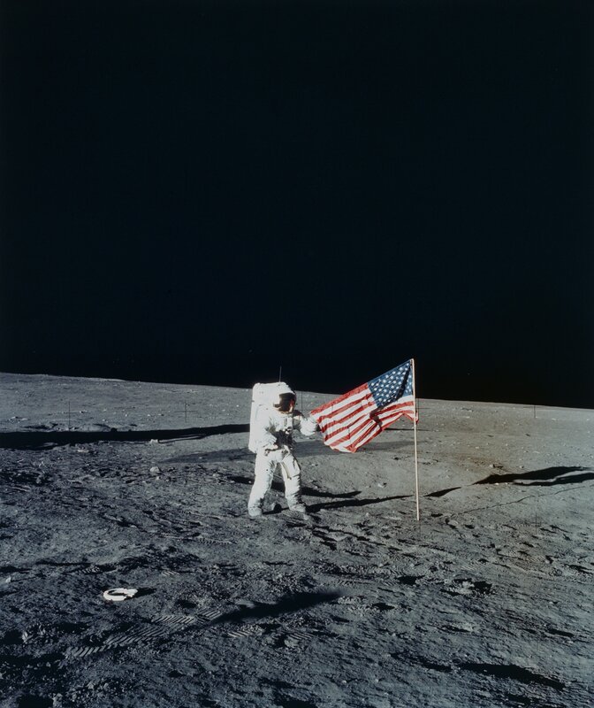 Astronaut on Moon — Gray, Dramatic, Photograph, American Flag, Moon Surface