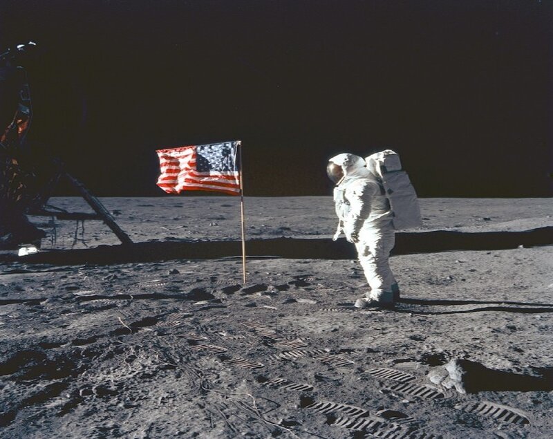 Astronaut on Moon — Gray, Dramatic, Photograph, American Flag